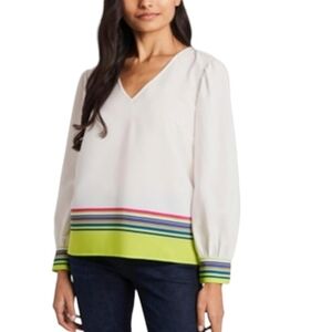 Riley and Rae Eliza Stripe Women's Size XL Lime Neon White Blouse V Neck Top